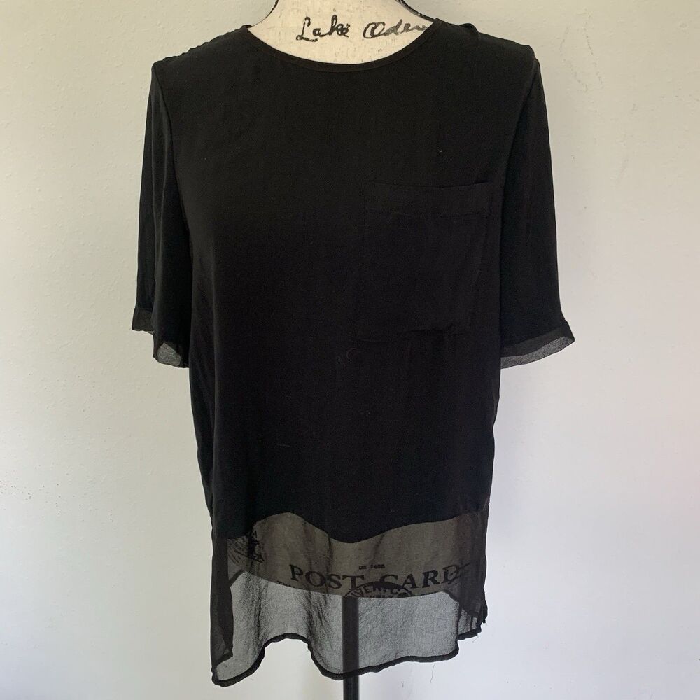 Calvin Klein Black Long Blouse Top Tunic With Chiffon Detail Size M